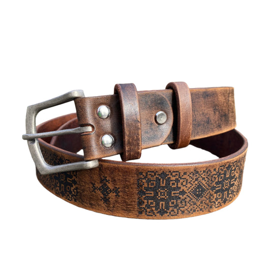 Leather Belt Blank with engraving Ukrainian Embroidery (WITHOUT BUCKLE) Brown