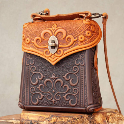 Small Rust-Brown Leather Crossbody Backpack with Boho Ornament