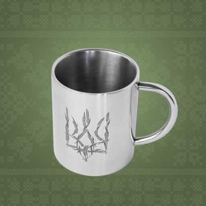 Silver Metal Mug "Ukrainian Coat of Arms" with Wheat Stalks