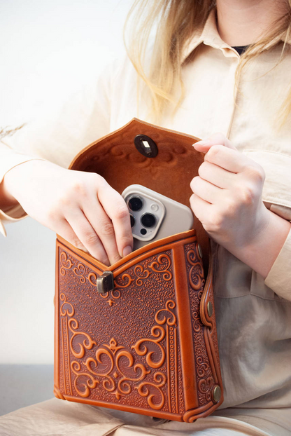 Small Rust Leather Crossbody Backpack with Boho Ornament