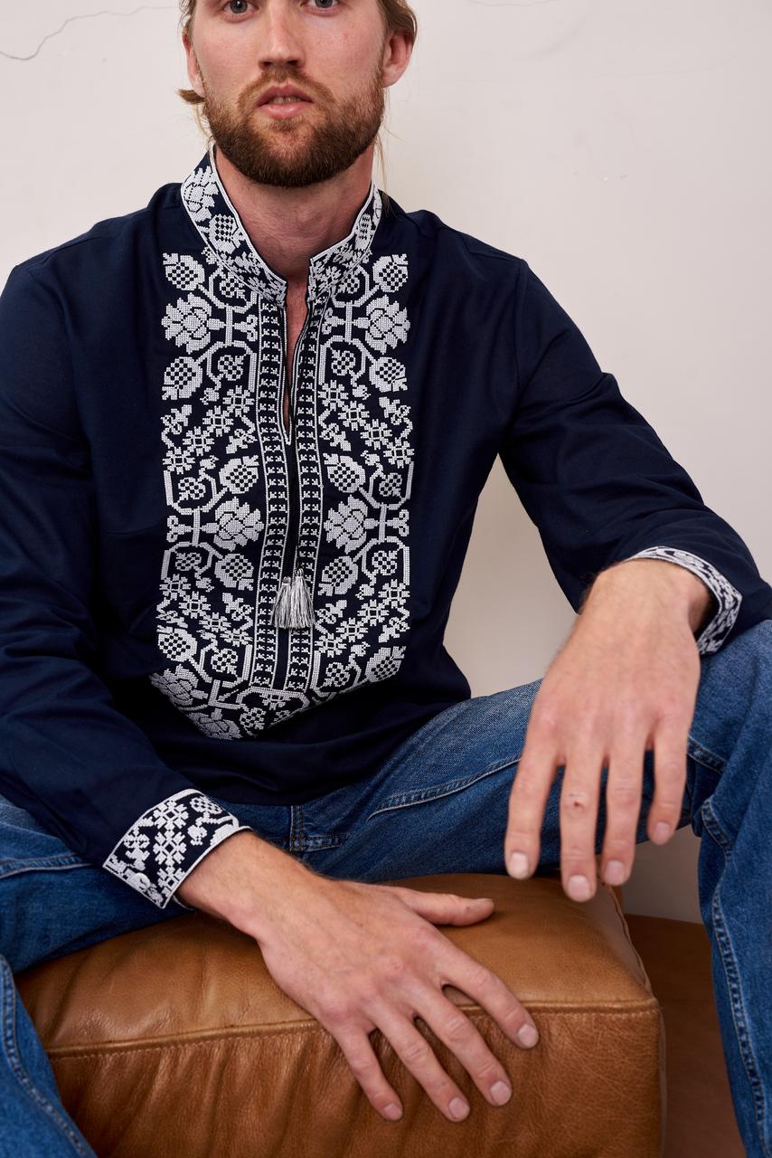 Men's Embroidered Shirt (Vyshyvanka) "Vsevolod" (Dark Blue)