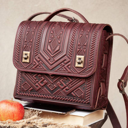 Burgundy Handcrafted Leather Briefcase with Embossing