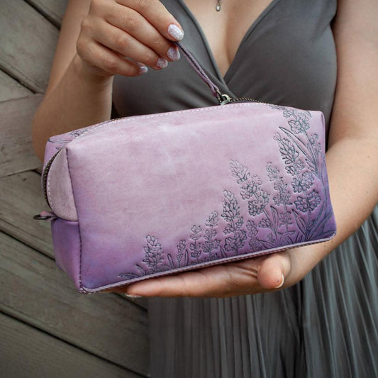 Large Women’s Leather Cosmetic Bag with Hand-Painted Lavender