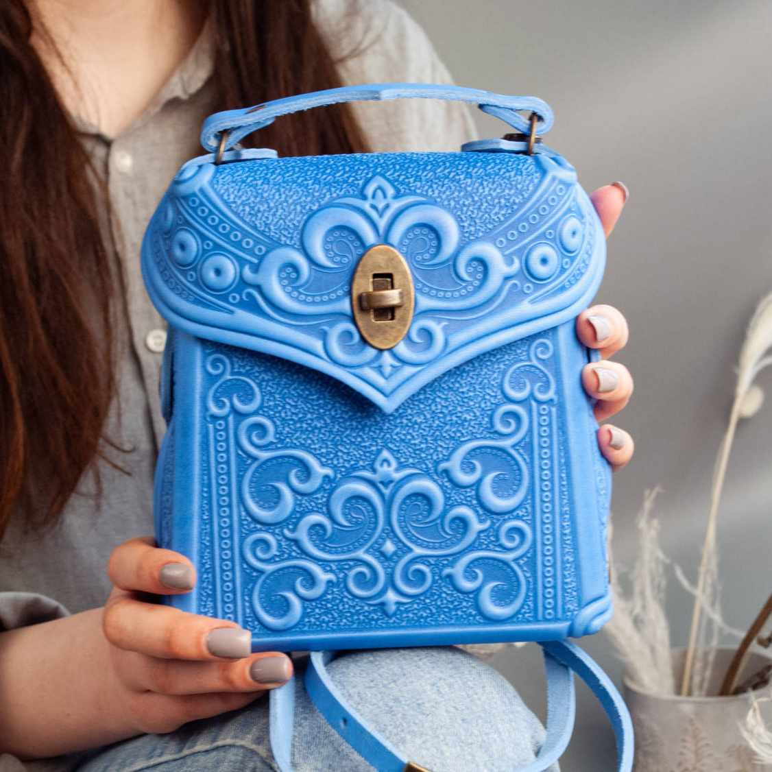 Small Light Blue Leather Crossbody Backpack with Boho Ornament