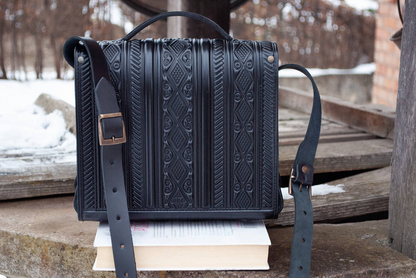 Black Handcrafted Leather Briefcase with Embossing