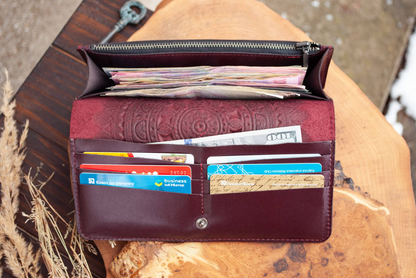 Burgundy Women’s Leather Wallet with Mandala Embossing