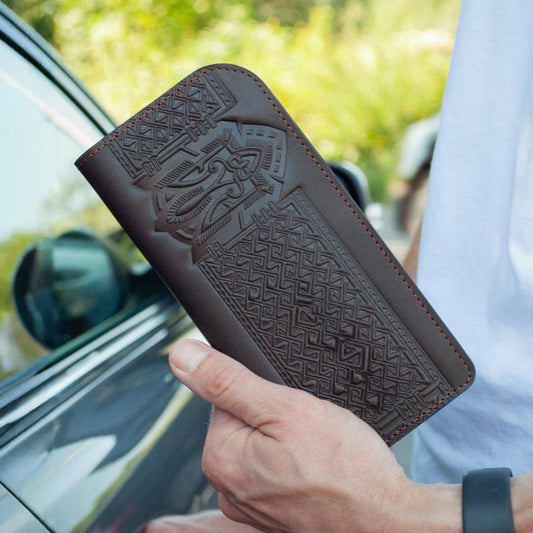 Long Dark Brown Leather Wallet with Ukraine's Trident Embossing