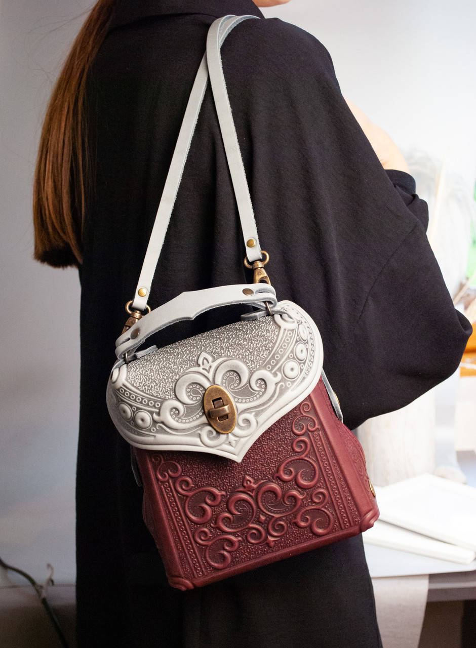 Small Burgundy-Gray Leather Crossbody Backpack with Boho Ornament