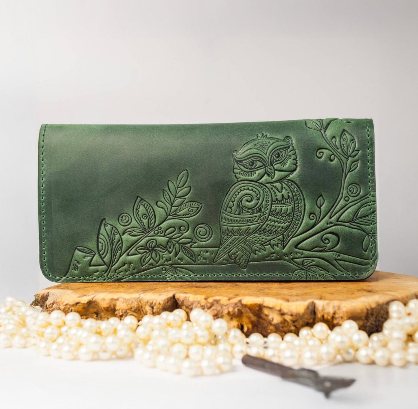 Green Long Leather Wallet with Owl Embossing