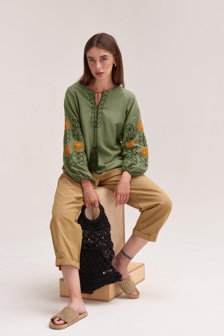 Women's Embroidered Blouse (Vyshyvanka) "Sunflowers" Khaki