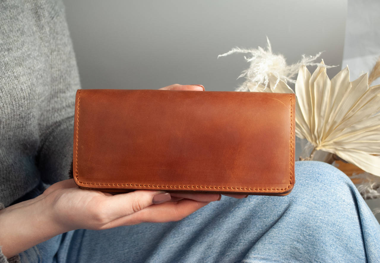 Light Brown Women’s Long Leather Wallet with Trident & Kalyna Embossing