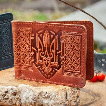 Light Brown Leather Money Clip with Embossed Ukrainian Trident (Tryzub)