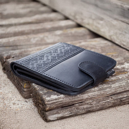 Men's Black Leather Wallet with Embossed Embroidery