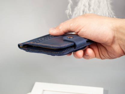 Dark Blue Leather Money Clip with Coin Holder and Folk Ornament Embossing