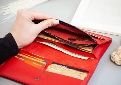 Red Leather Wallet with Cat Embossing