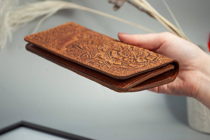 Women’s Long Leather Wallet in Rust Brown with "Blooming Garden" Embossing