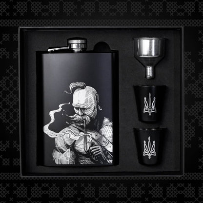 "Cossack Fury" Steel Flask with Two Shot Glasses ⦁ Patriotic Gift Set for Men