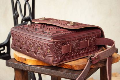 Burgundy Handcrafted Leather Briefcase with Embossing