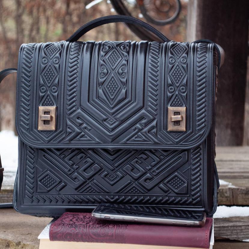 Black Handcrafted Leather Briefcase with Embossing