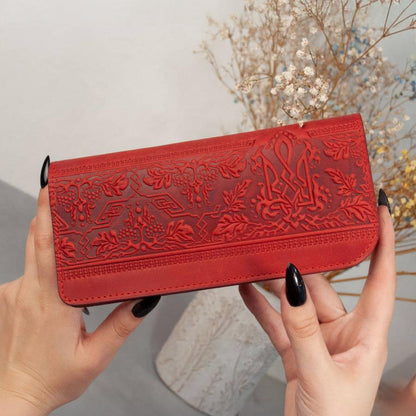 Red Long Leather Women's Wallet with Tryzub Embossing and Magnetic Closure