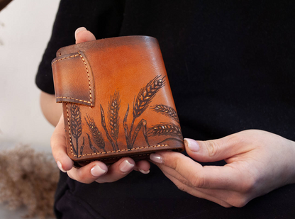 Women's Leather Wallet with Wheat Embossing (Rusty-Brown)