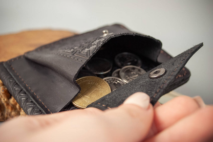 Black Leather Money Clip with Coin Pocket – Embossed Ukrainian Trident