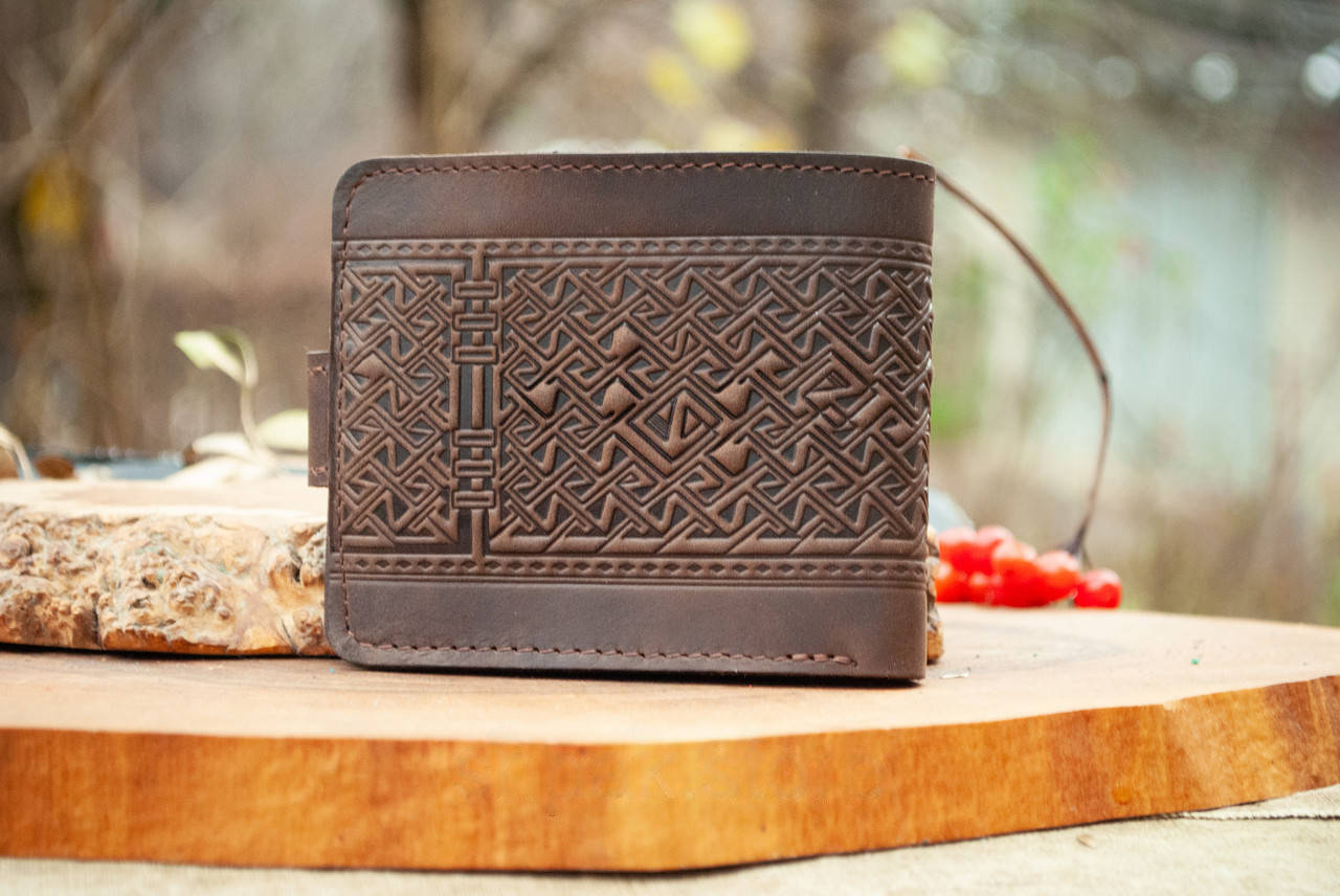 Men's Brown Leather Wallet with Ukrainian Trident Embossing