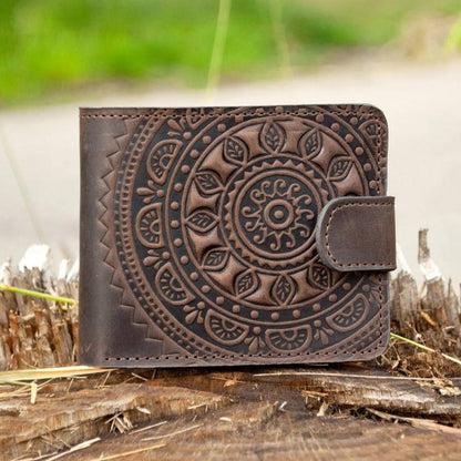 Men's Brown Leather Wallet with Sun Mandala Embossing