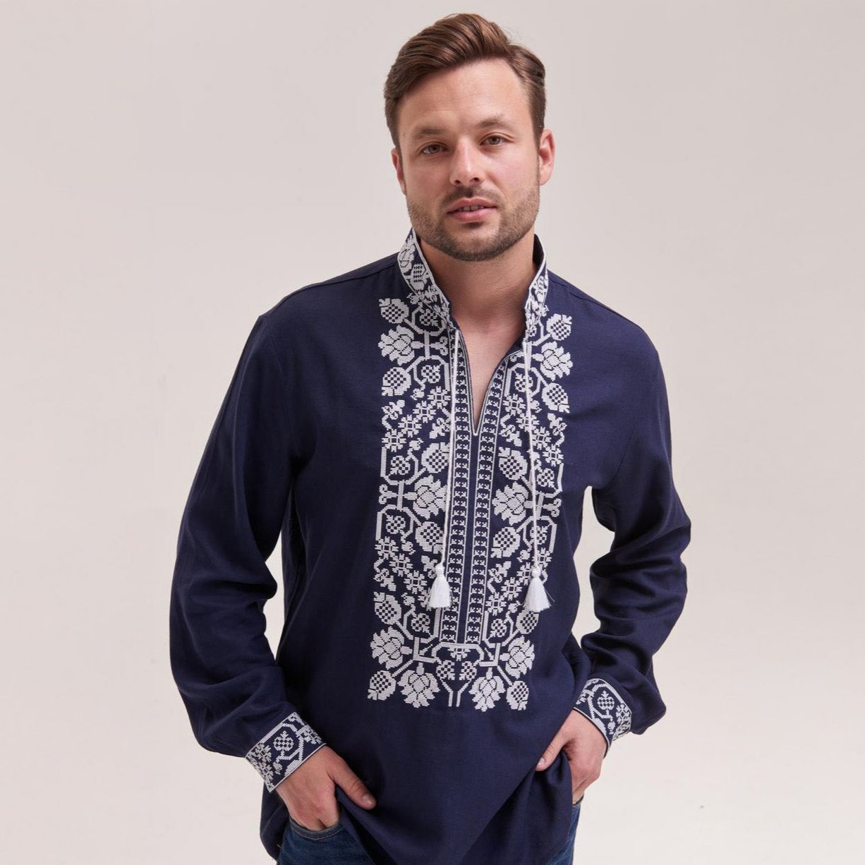 Men's Embroidered Shirt (Vyshyvanka) "Vsevolod" (Dark Blue)