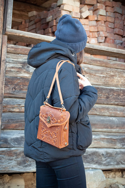 Small Rust Leather Crossbody Backpack with Boho Ornament