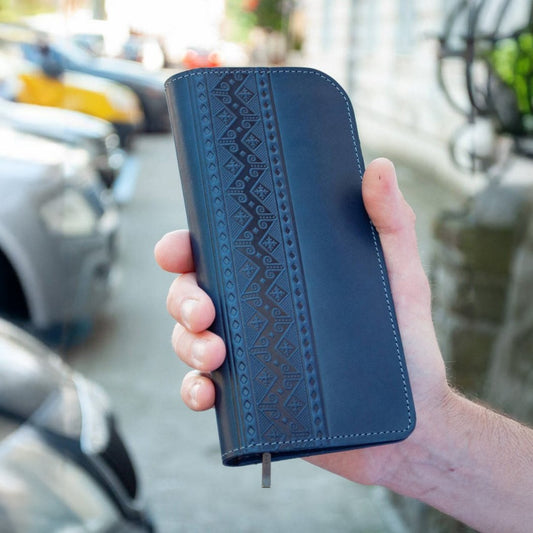 Long Men's Navy Leather Wallet with Embossing