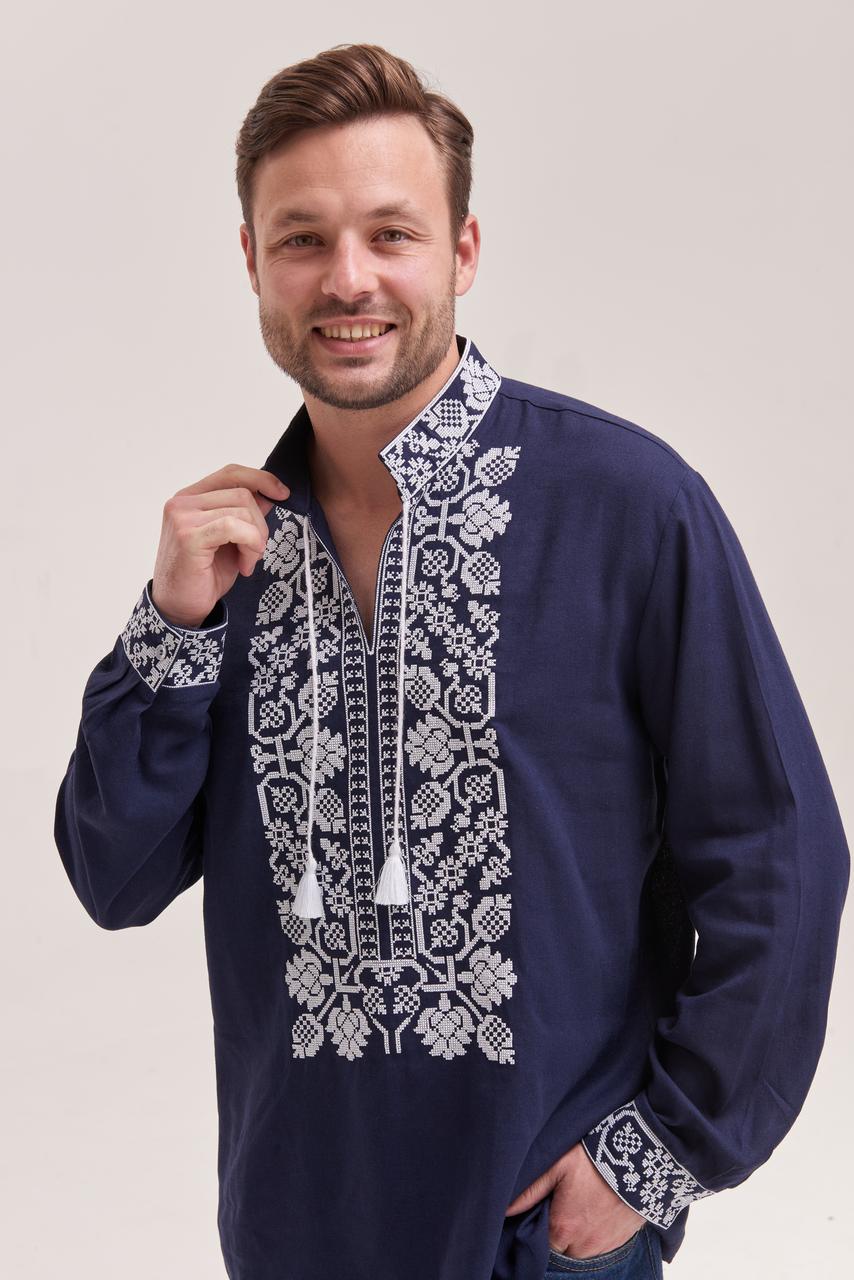 Men's Embroidered Shirt (Vyshyvanka) "Vsevolod" (Dark Blue)