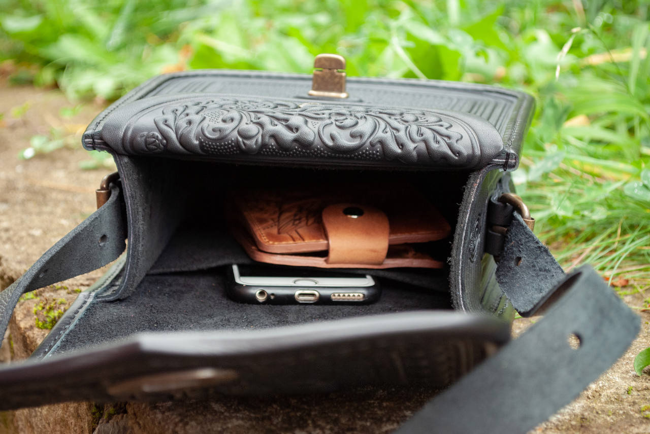 Black Rectangular Leather Crossbody Bag with Ethno Embossed Pattern