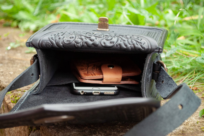 Black Rectangular Leather Crossbody Bag with Ethno Embossed Pattern