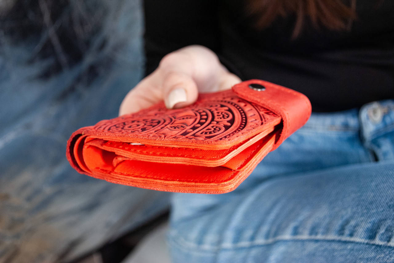 Red Leather Wallet with "Sun" Embossing