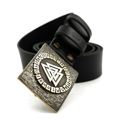 Leather Belt "Valknut" with Brass Buckle