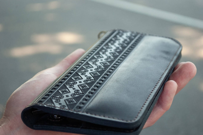 Long Men's Black Leather Wallet with Embossing