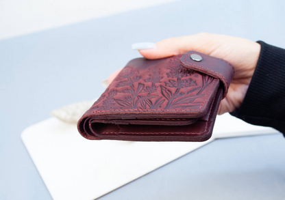 Maroon Leather Wallet with Lavender Embossing