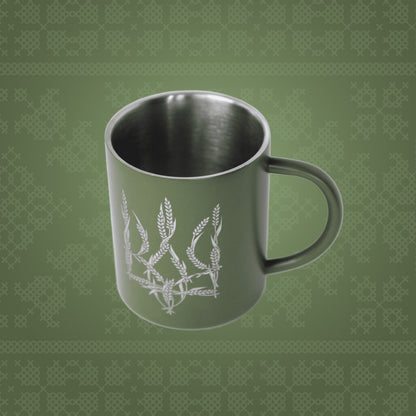 Green Metal Mug "Ukrainian Coat of Arms" with Wheat Stalks