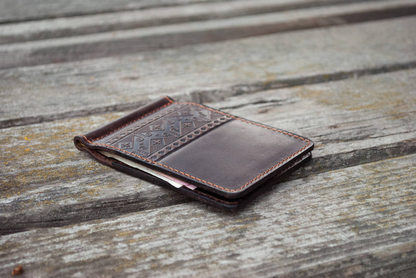 Dark Brown Leather Money Clip – Embossed with Ukrainian Ornament