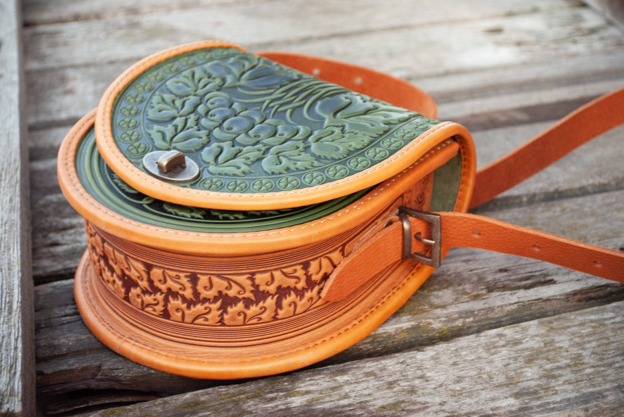 Olive and Ginger Leather Crossbody Bag with Boho Embossing