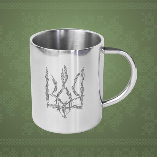 Silver Metal Mug "Ukrainian Coat of Arms" with Wheat Stalks