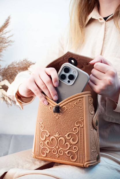 Small Dark Beige Leather Crossbody Backpack with Boho Ornament