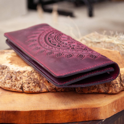 Burgundy Women’s Leather Wallet with Mandala Embossing