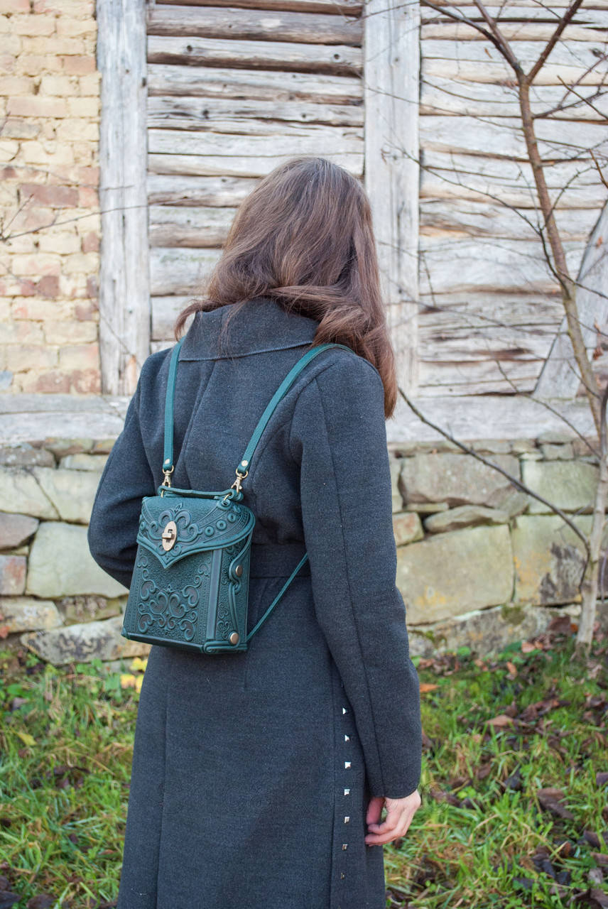 Small Rust-Green Leather Crossbody Backpack with Boho Ornament