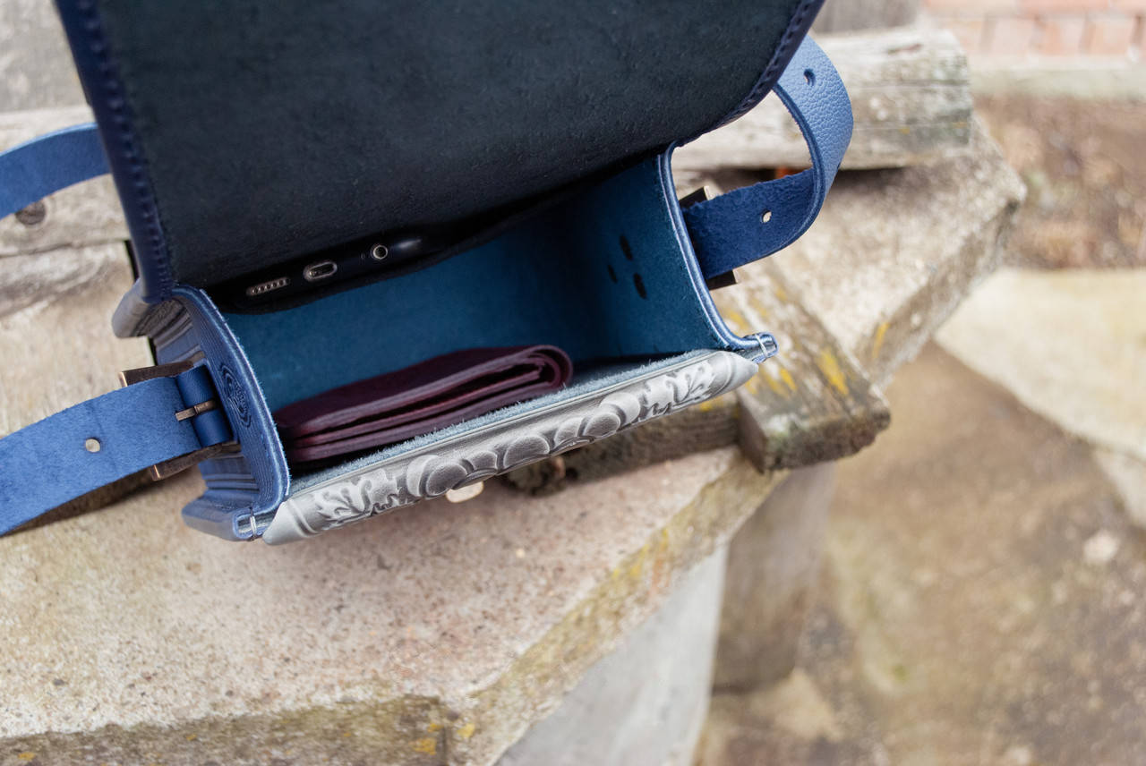 Ethno-Embossed Gray and Blue Leather Crossbody Bag