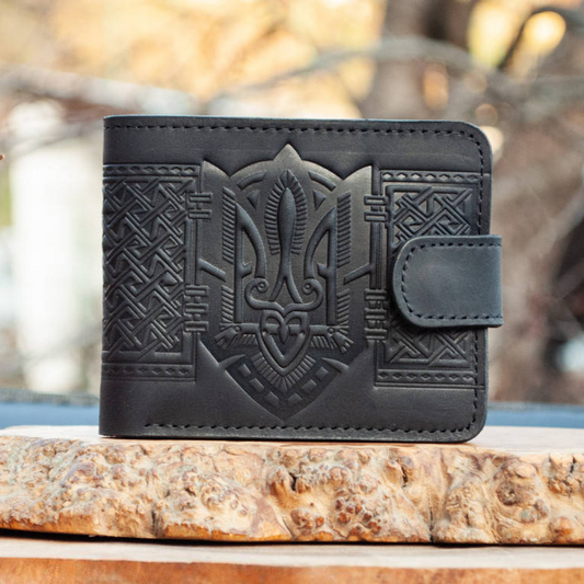 Men's Black Leather Wallet with Ukrainian Trident Embossing