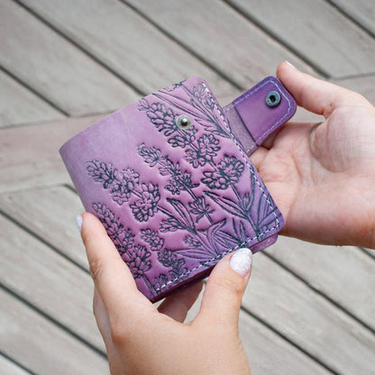 Women's Leather Wallet with Lavender Embossing and Hand-Painting