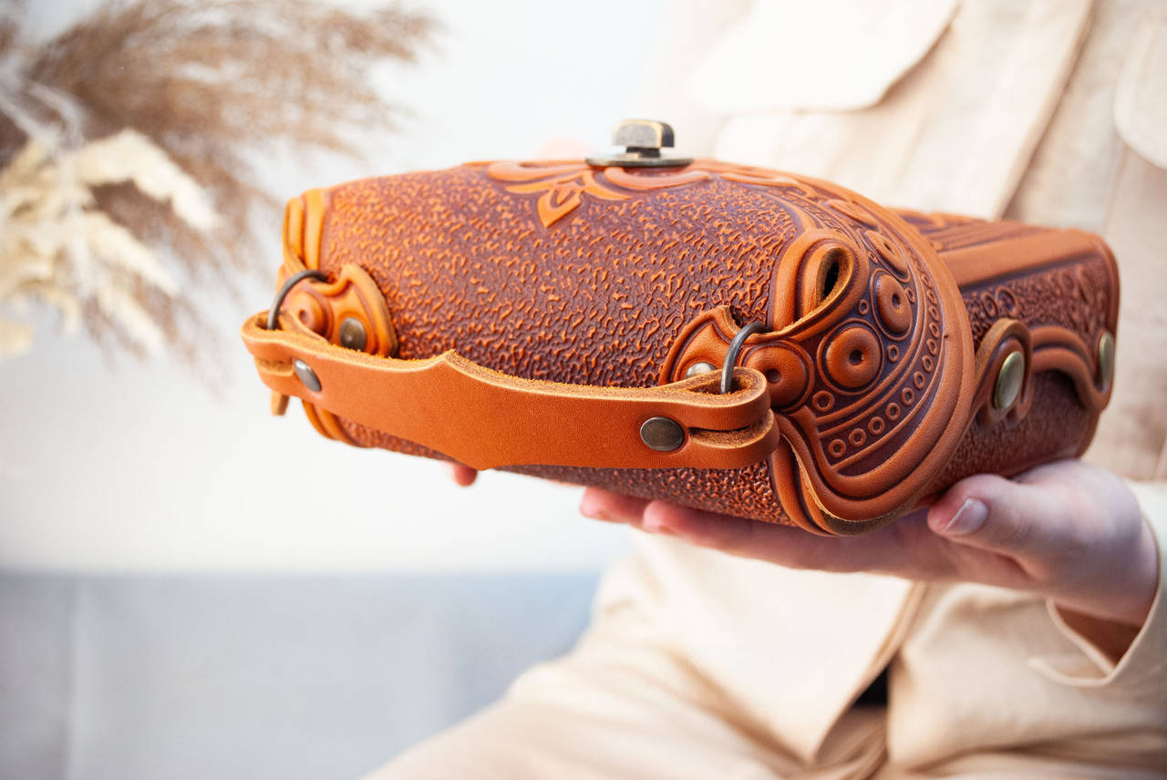 Small Rust Leather Crossbody Backpack with Boho Ornament