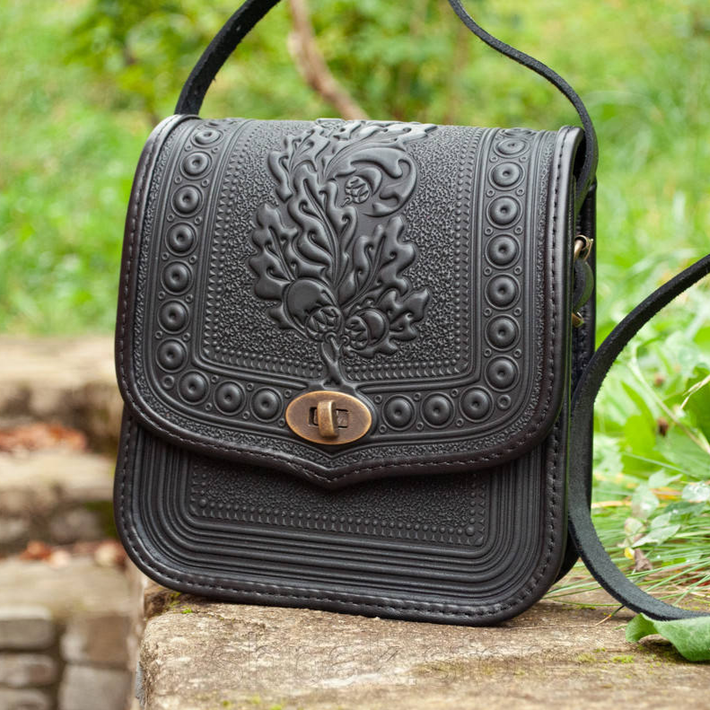 Black Rectangular Leather Crossbody Bag with Ethno Embossed Pattern